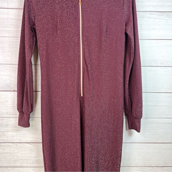 Savage X Fenty Sleep & Shine Hooded Jumpsuit Red Cocoa Size S Burgundy Glitter - Picture 7 of 15